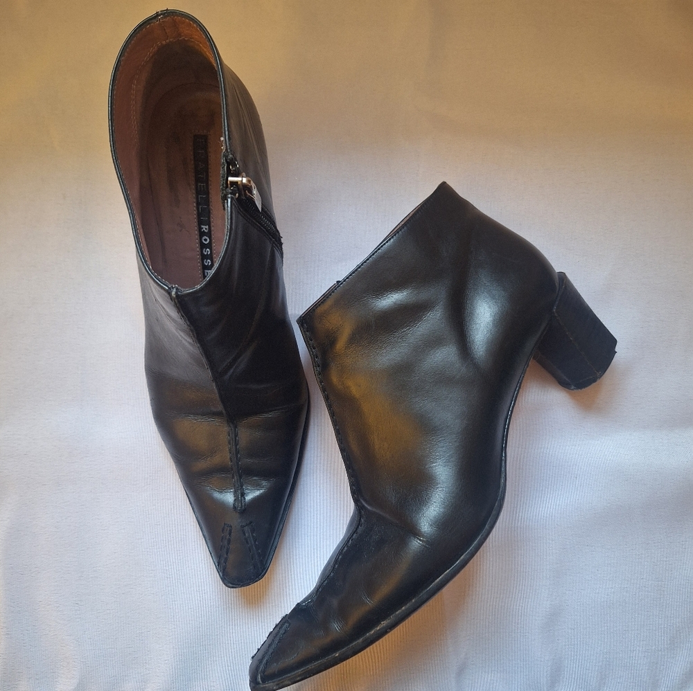 Fratelli Rosetti Ankle Boot Bootie Black Leather Pointed Toe Side Zip 2" Heel